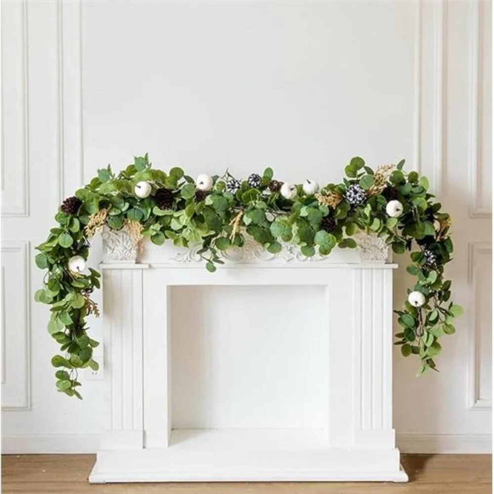 Fall Decor - Fall Garland - 7FT Autumn Eucalyptus Leaf Pumpkin Berry Fireplace